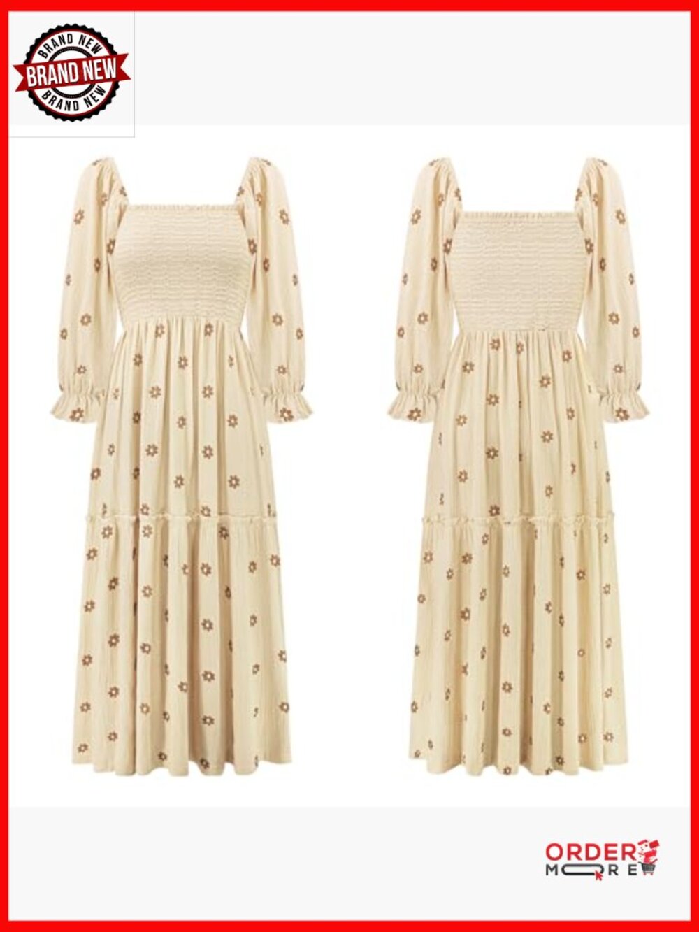 Long Sleeve Cotton Boho Midi Dress Square Neck Floral Embroidered Tiered Ruffle - Picture 6 of 7